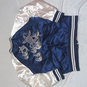 American Stitch Koi Fish Embroidered Satin Varsity Jacket Navy & White Mens XXL